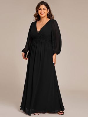 Pretty Tru-Plus Size A-Line Pleated Long Lantern Sleeves Chiffon Formal Evening Dress