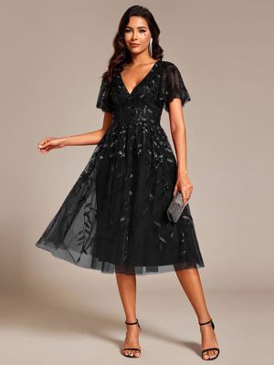 Ever Simone-Short Sleeves Leaf Sequin A-Line Midi Formal Wedding Guest Dress