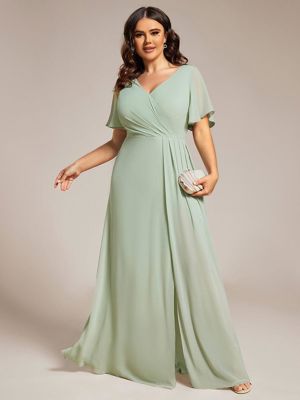 Pretty Linden-Plus Size High Slit V-Neck Empire Waist Chiffon Bridesmaid Dress