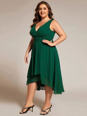 Pretty August-Plus Size Pleated Sleeveless V-Neck Midi Chiffon Wedding Guest Dress
