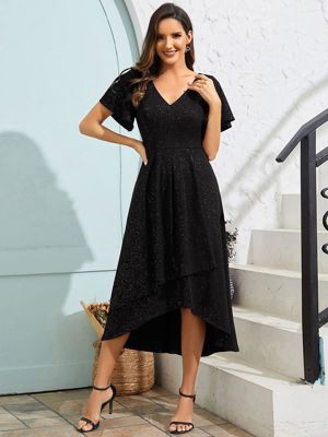 Glow Lana - Sparkling V-Neck High-Low Wedding Guest Dress With Ruffled Sleeves