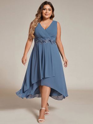 Pretty Irys-Sleeveless V-Neck High Low Plus Size Wedding Guest Dress With Floral Applique