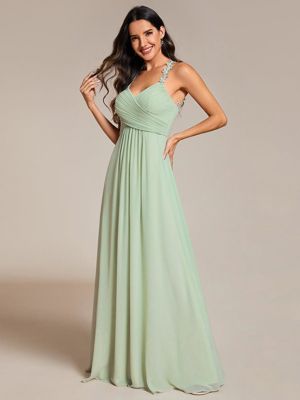 Ever Wren-Floral Halter Neck Pleated Backless Bridesmaid Dress In Chiffon