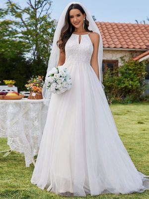 Noressa's Bride-A-Line Halter Neck Applique Wedding Dress With Tulle