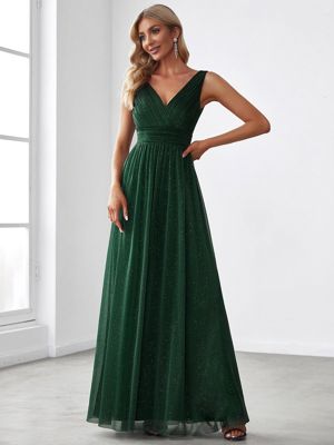 Ever Sterling-Double V Neck Floor Length Sparkly Evening Dresses For Party
