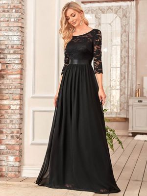 Ever Faun-See-Through Floor Length Lace Chiffon Evening Dress With Half Sleeve