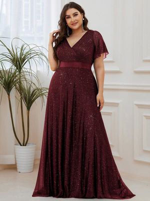 Ever Lioré-Plus Size V Neck Ribbon Waist Formal Evening Dress With Sleeves