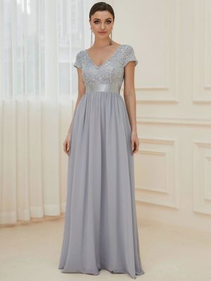 Ever Mirage-Empire Waist V-Neck Cap Sleeve Chiffon Formal Evening Dress