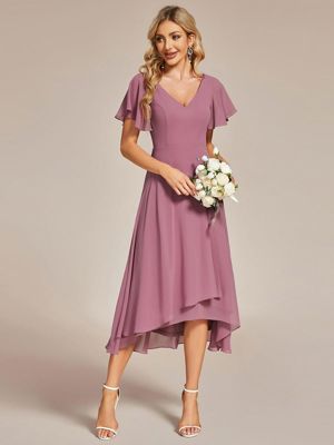 Ever Aalia-Flowing Chiffon V-Neck Ruffle Sleeves Bridesmaid Dress