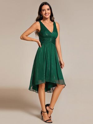 V-Neck High-Low Glitter Sleeveless Wedding Guest Dress With Pleated