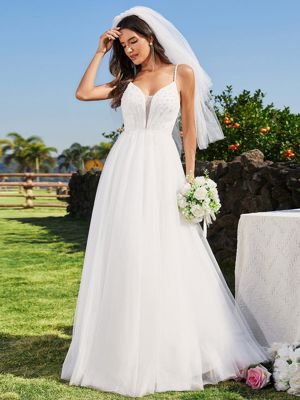 V-Neck A-Line Wedding Dress Featuring Delicate Pearl Accents