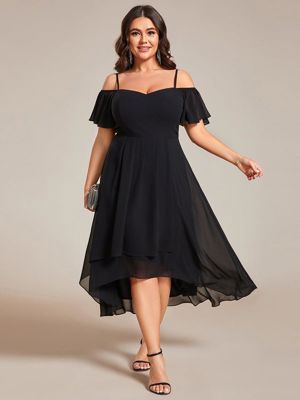 Pretty Jordane-Plus Size Cold Shoulder Sweetheart Necklin Chiffon Midi Wedding Guest Dress