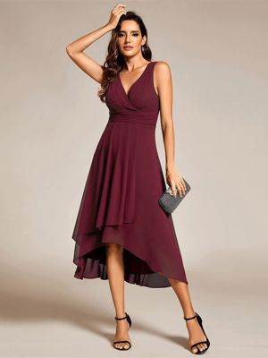 Ever August-Chic V-Neck Pleated Sleeveless High-Low Chiffon Wedding Guest Dress