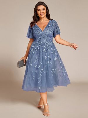 Pretty Simone-Plus Size Sparkly A-Line Midi Tulle Formal Wedding Guest Dress With Leaf Sequin