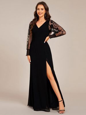 Ever Rylee-See-Through Long Sleeve V-Neck High Slit Chiffon Formal Evening Dress