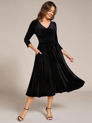 Ever Arlet-Long Sleeve High Stretch Velvet Tea Length Wedding Guest Dress