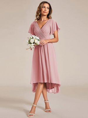 Ever Faye-Pleated Asymmetrical Hem Ruffles Sleeve Chiffon Bridesmaid Dress
