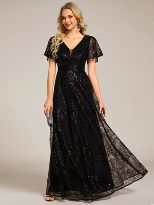 Ever Cory-Illusion V-Neck Short Sleeve Sequin Formal Maxi Dress