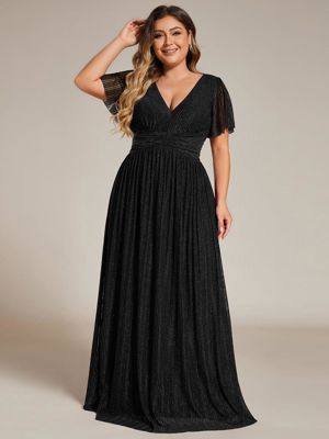 Pretty Daphne-Plus Size V-Neck Glittery Short Sleeves Formal Evening Dress With Empire Waist