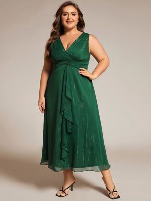 Pretty Mei-Plus Size Sleeveless Glittery Ruffled V-Neck Midi Wedding Guest Dress