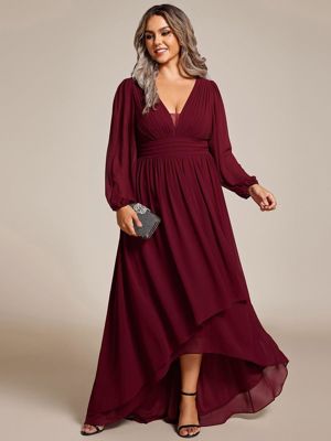 Pretty Griffin-Plus Size V-Neck Long Lantern Sleeves A-Line Chiffon Bridesmaid Dress