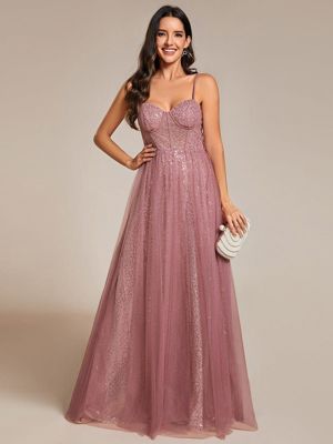 Spaghetti Straps Illusion Sleeveless A-Line Sequin Evening Dress With Tulle Cover