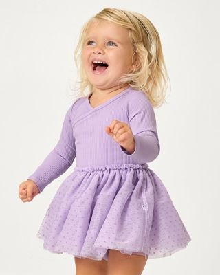 Powder Lilac Ribbed Layered Tulle Dress With Bloomer